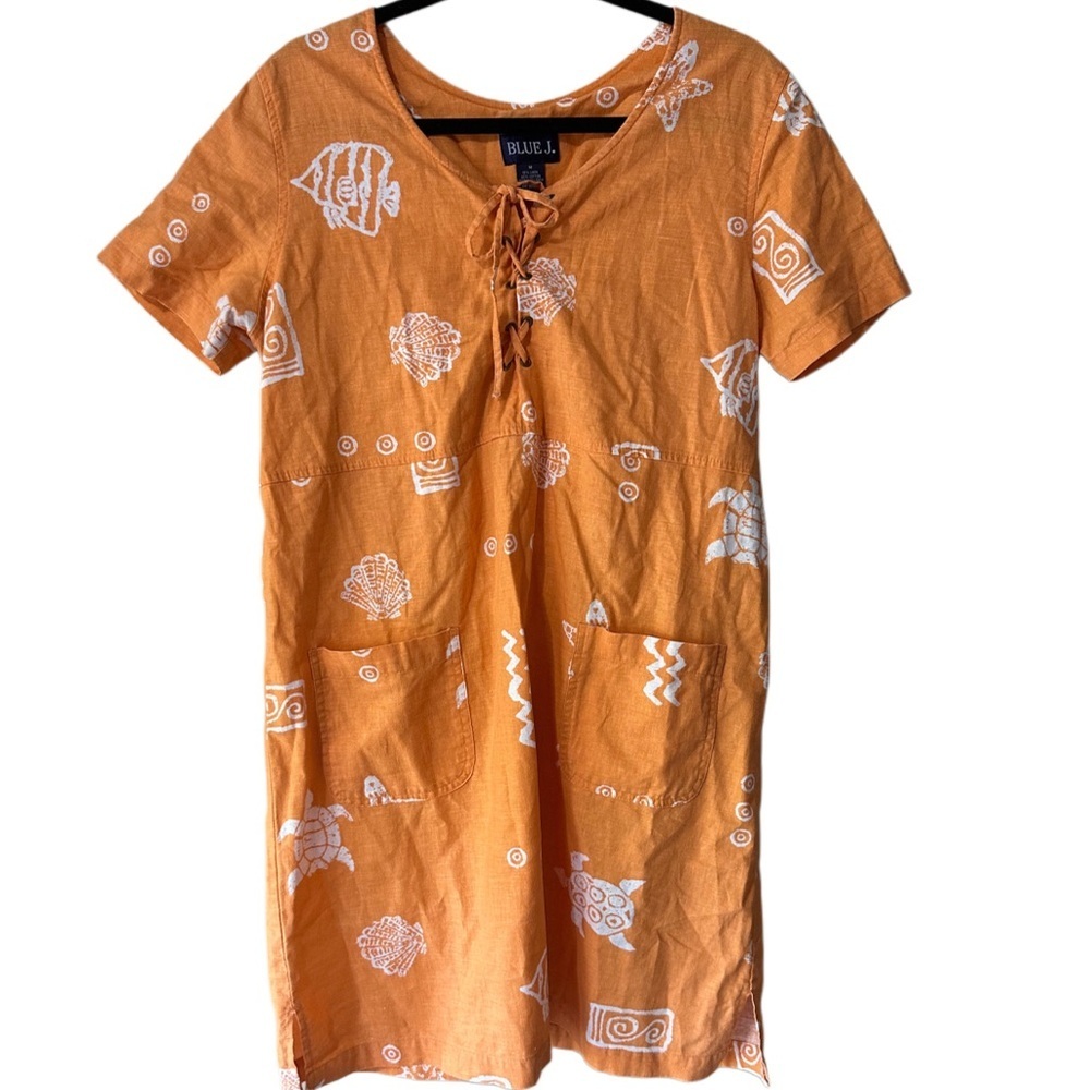 BLUE J Orange and White Sea Patterned Midi Dress with Tie Front and Pockets